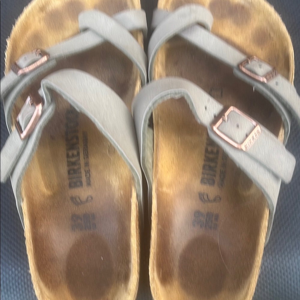 Birkenstock Gray Sandals with Copper Buckles